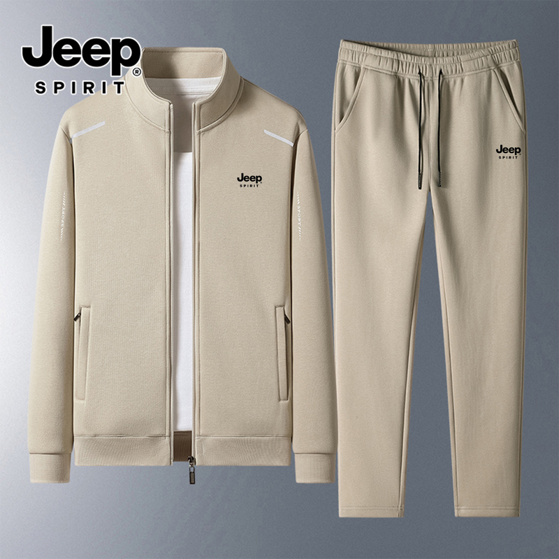Jeep Men's Casual Sports Suit Spring and Autumn Trendy Brand Stand-Up Collar Cardigan Sweatshirt Straight-Leg Pants Men's Outfit Set