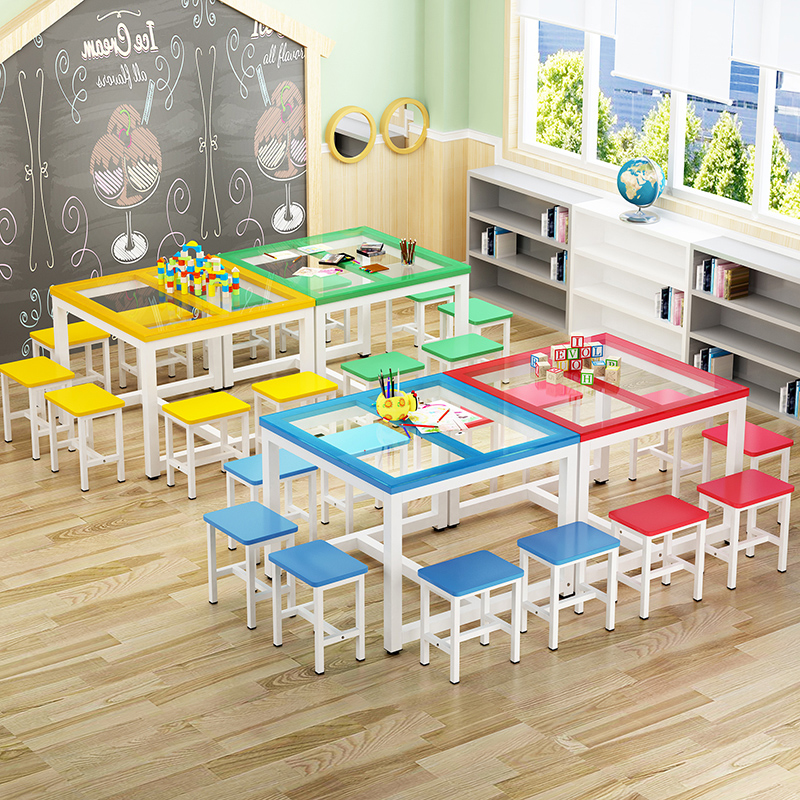Desks and chairs elementary school kindergarten tempered glass color painting table studio training class early education class manual table