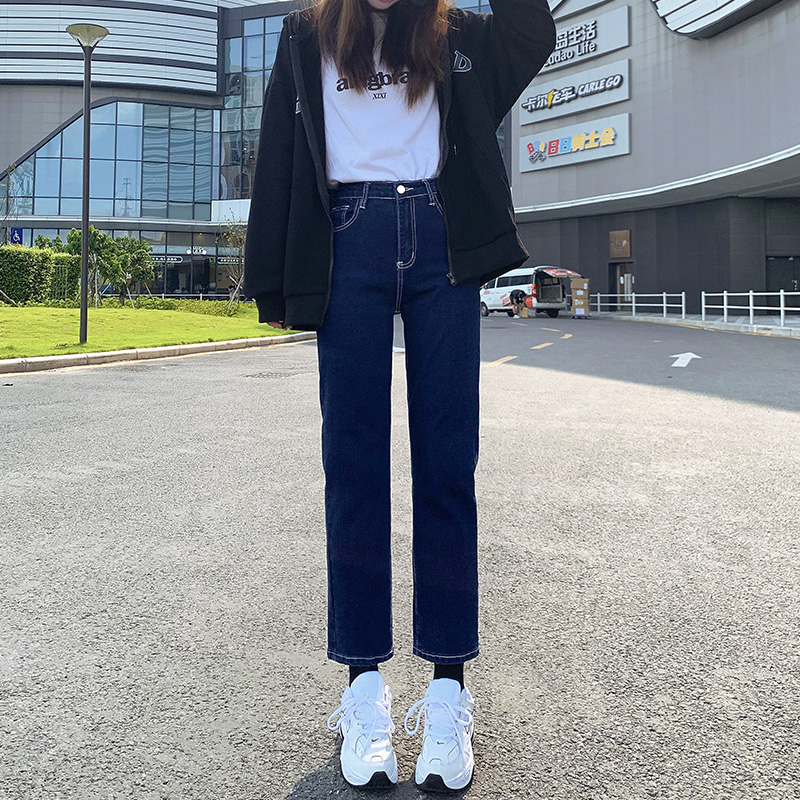 Dark blue straight eight-point jeans women's spring 2022 new high-waisted small nine-point cigarette pants spring and autumn