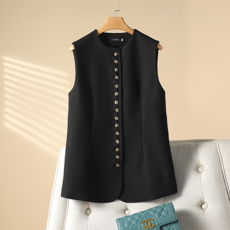 2026 Spring and Autumn Black High-End Mid-Length Vest Women's Sleeveless Slim Fit Single-Breasted Vest Spring and Autumn