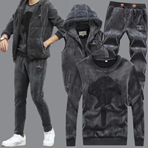 Three-piece sweater mens autumn and winter golden velvet casual sports suit plus velvet padded mens set with handsome