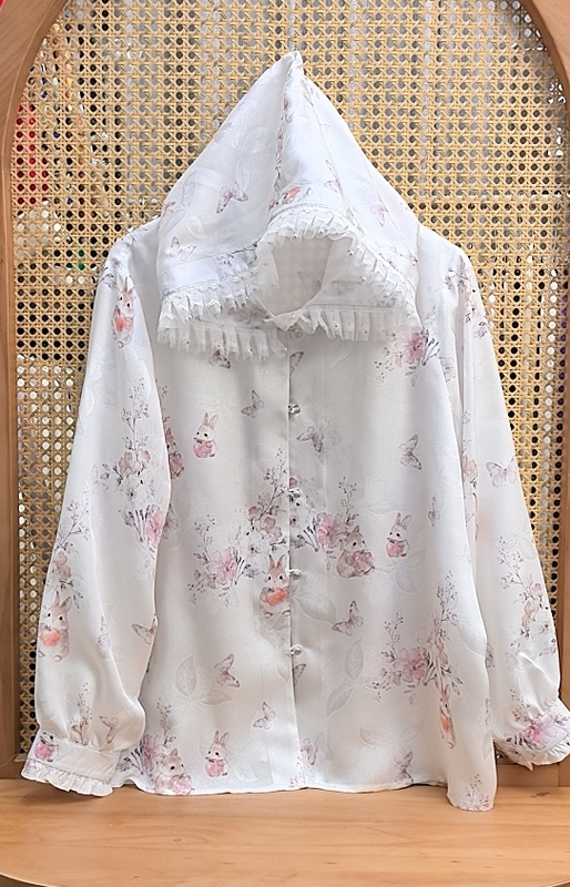 【Hooded Sun Protection Clothing】Perfect Mulberry Silk Colorful Twill (Cute Little Rabbit) Length Approximately 64cm