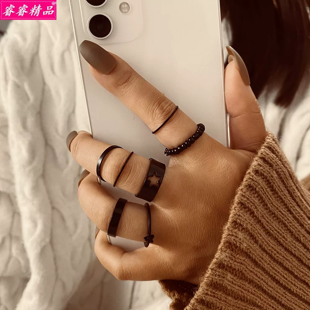 Black Knuckle Ring Set, Creative Multi-Style Alloy Joint Rings, Simple 6-Piece Kit