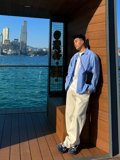 SANBAI 叁佰浅蓝色衬衫男士春秋长袖高级休闲纯棉衬衣