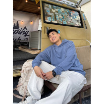 SANBAI Sanbai spring sweater mens trendy solid color embroidered round neck hoodie haze blue couple loose top