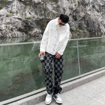 SANBAI Sanbai street retro checkerboard pants mens trend ins casual trousers loose straight jeans