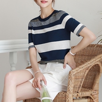 Ice Silk T-shirt Women Spring 2021 Short Sleeve Thin Slim Contrast Stripe base shirt Summer Mid-Sleeve Top