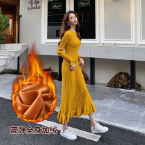 Bottom dress womens dress autumn and winter long Korean Ruffle Long sleeve knee and ankle plus velvet sweater skirt