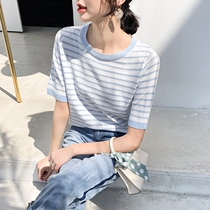 Striped Knitted Short Sleeve Female 2021 Summer New Round Neck Korean Student base shirt Ice Silk Top Thin