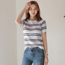 Color Striped Ice Silk Knit Women 2021 New Slim Thin base shirt Short Sleeve Pullover Round Neck Summer