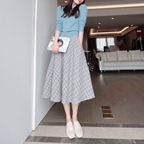 Gross half body dress lady autumn winter temperament high waist plaid fit sweaters a long style umbrella skirt dating skirt asd