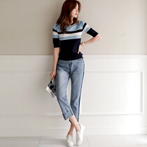 Denim short sleeve royal sister set 2021 New Light mature wind age age thin temperament ice silk knitted two-piece summer