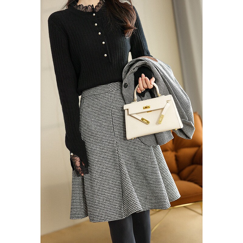 Autumn and winter woolen a-line skirt winter with sweater high waist slimming a-line skirt houndstooth bag hip mermaid skirt asdf