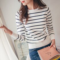 Autumn coat womens new black and white striped sweater Korean version Joker slim round neck foreign long sleeve base shirt Spring