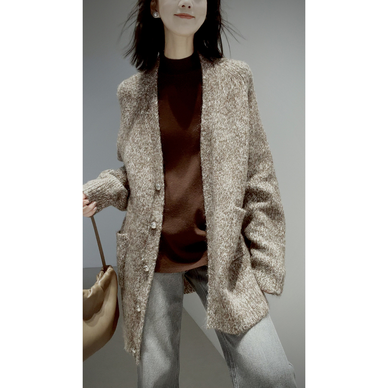 Rongmei [Alpaca Wool + Wool/Fancy Brushed Yarn/650 High Weight] Retro Super Shiny Button/V-Neck Knitted Jacket
