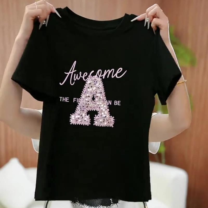 Black Stylish Short-Sleeved T-Shirt Summer 2026 New Women's Korean Style Loose Letter Print Sequin Pure Cotton Top