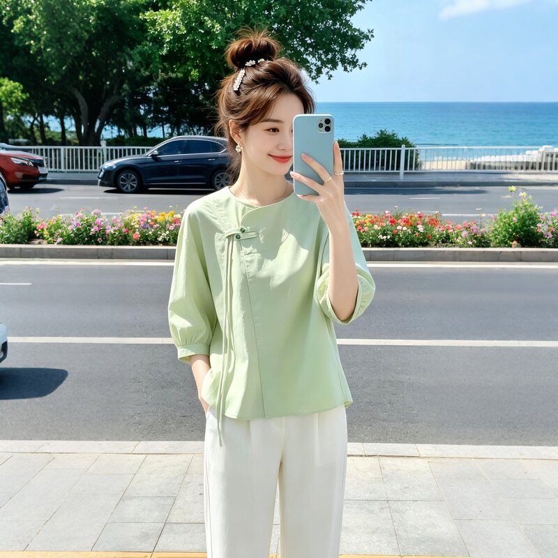Fresh Light Green Mid-Sleeve Shirt for Women, Stylish 2026 New Summer Lightweight Loose Slimming Chic Top Fresh Light Green Mid-Sleeve Shirt for Women, Stylish 2026 New Summer Lightweight Loose Slimming Chic Top