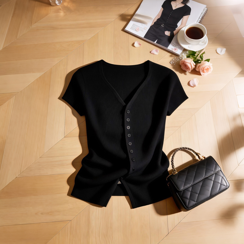 Fashionable and Versatile, Stylish Black Slim-Fit Short V-Neck T-Shirt, 2026 Summer Women's Short-Sleeve Button-Up Knitted Top Fashionable and Versatile, Stylish Black Slim-Fit Short V-Neck T-Shirt, 2026 Summer Women's Short-Sleeve Button-Up Knitted Top