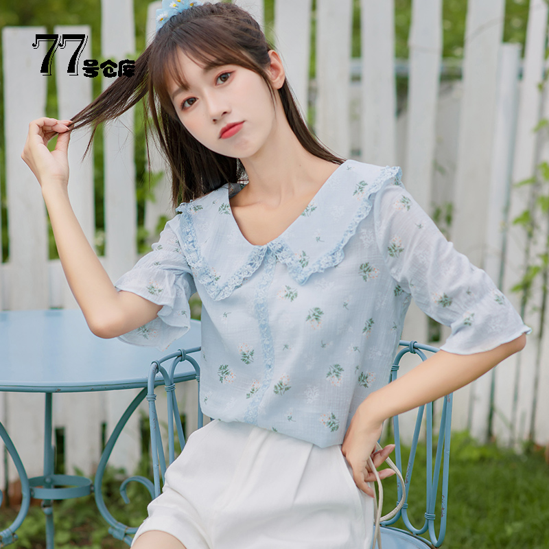 Doll-cổ áo voan áo sơ mi tay áo ngắn 2020 mới hoa áo mùa hè của phụ nữ nhỏ rõ ràng t-shirt của phụ nữ siêu lửa