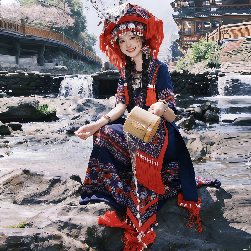 New Yao Ethnic Clothing for Women, Adult Traditional Ethnic Minority Dance Performance Costume from Guangxi, Miao Village Photo Shoot Travel Outfit Set