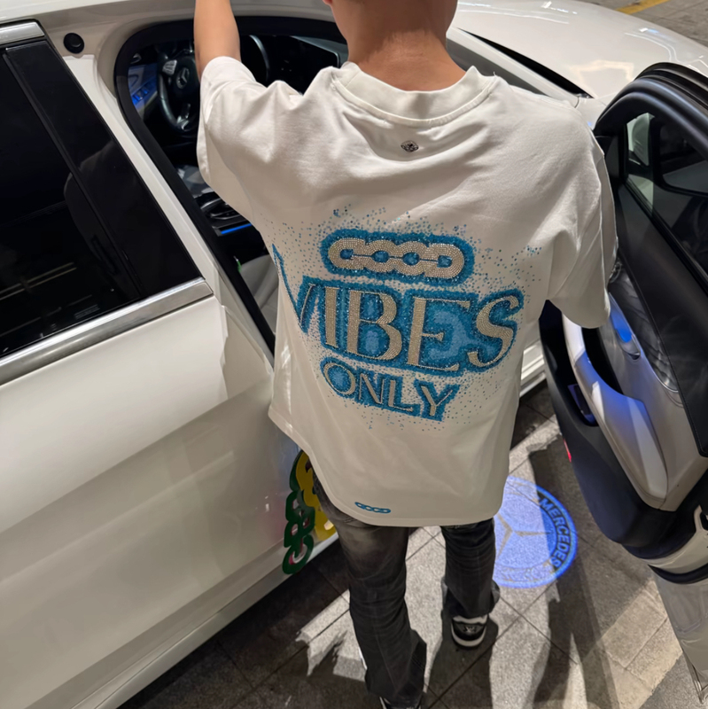 Summer New Style God Blue Galaxy Tube Bead Sleeve Slogan T-Shirt Heavyweight Short Sleeve Men's Internet Celebrity Style Loose Fit Versatile