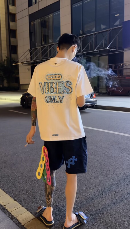 Summer New Style Good Blue Galaxy Tube Bead Sleeve Slogan T-Shirt Heavyweight Short Sleeve Men's Internet Celebrity Style Loose Fit Versatile