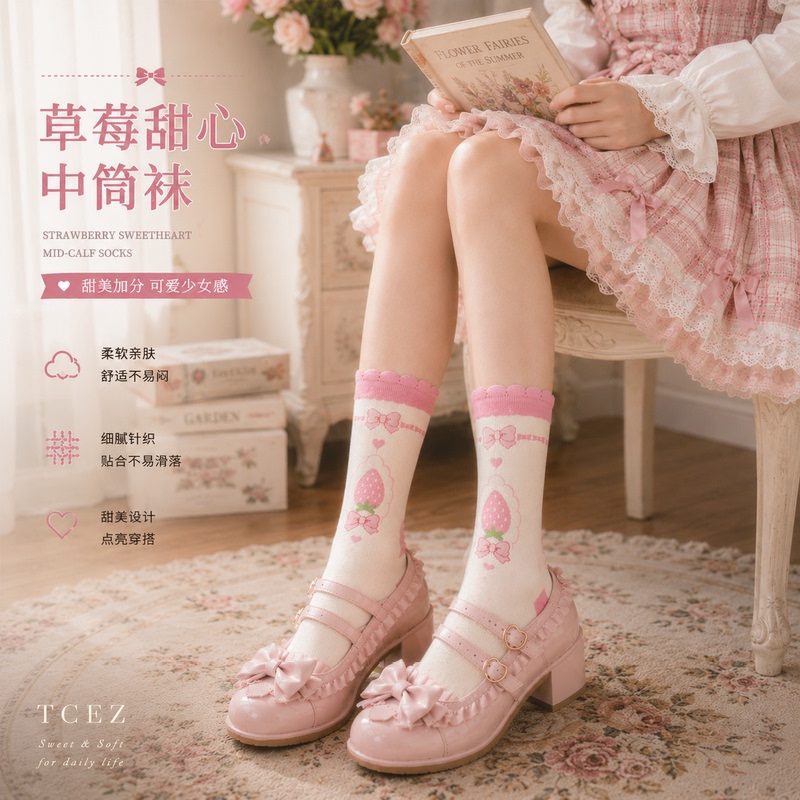 【Paired with Ap15 Strawberry】Mid-Calf Socks, Mori-Style Socks for Women, French-Style Slouch Socks, Lolita Calf Socks, Princess Style