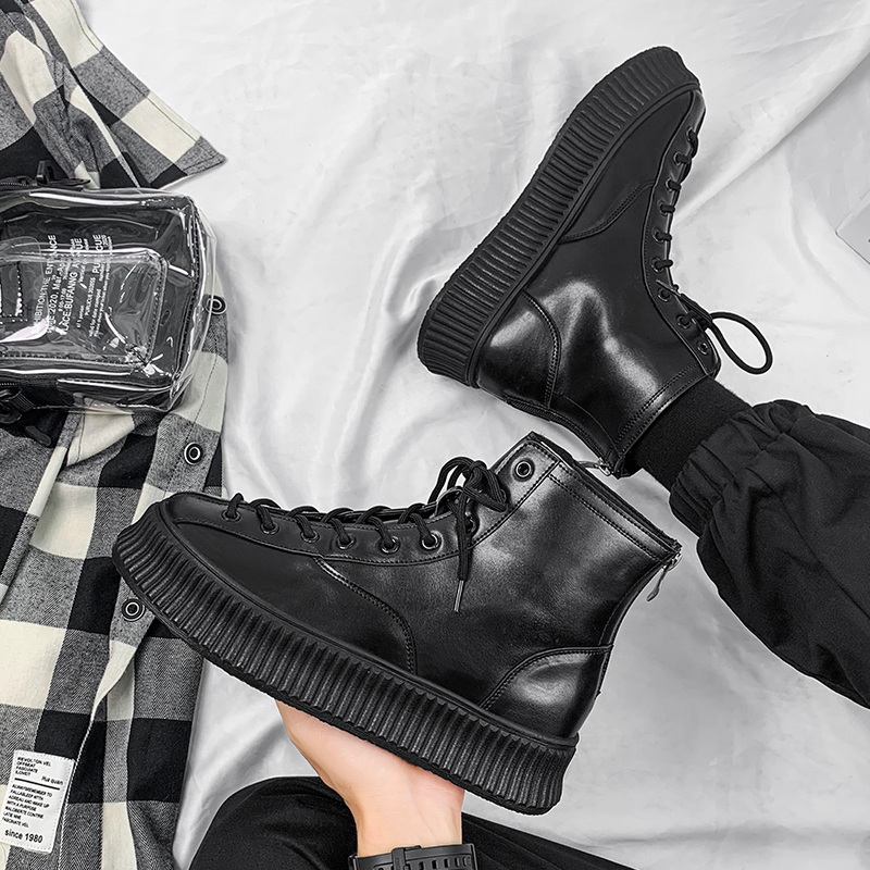 Spring Men Shoes Pure Black Martin Boots Men Casual High Drum Heightening Waterproof Retro Leather Boots Fashion Chelsea Boots