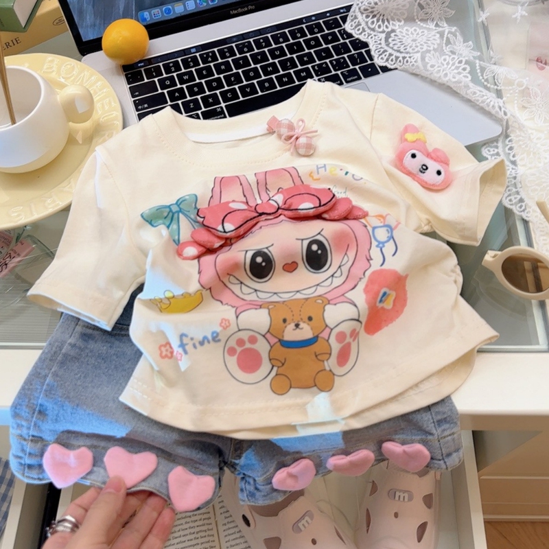 Labubu Girls' Pure Cotton T-Shirt 2026 Summer New Cartoon 3D Baby Mokoko Thin Children's Short-Sleeve