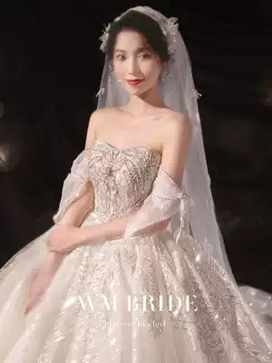 One-word shoulder main wedding dress 2021 new bride wedding temperament ceremony yarn big tail high-end heavy industry niche design