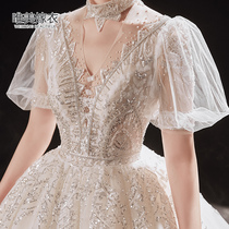 Main wedding dress 2022 new bride vintage stand collar luxurious high end large tail princess style premium simple