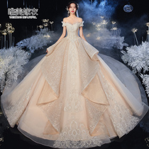 Shoulder wedding dress 2021 New temperament bride little son series high-end luxury atmosphere Princess wind big tailing