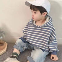 Boy pure cotton sweatshirt 2022 Chunqiu Even hat striped child foreign air winter clothing blouses the baby hooded Korean version of the tide