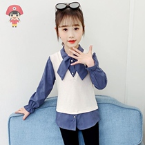 Girls fake two-piece shirt 2022 spring and autumn new childrens clothing loose foreign style Korean version of the big boys long-sleeved shirt
