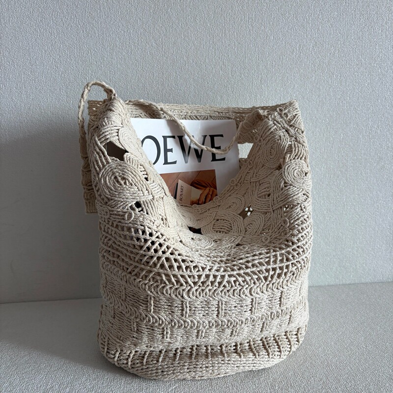 New Holiday-Style Bucket Bag, Eco-Friendly Recycled Cotton Heavy-Duty Woven Hollow-Out Shoulder Tote Bag, Bucket Bag