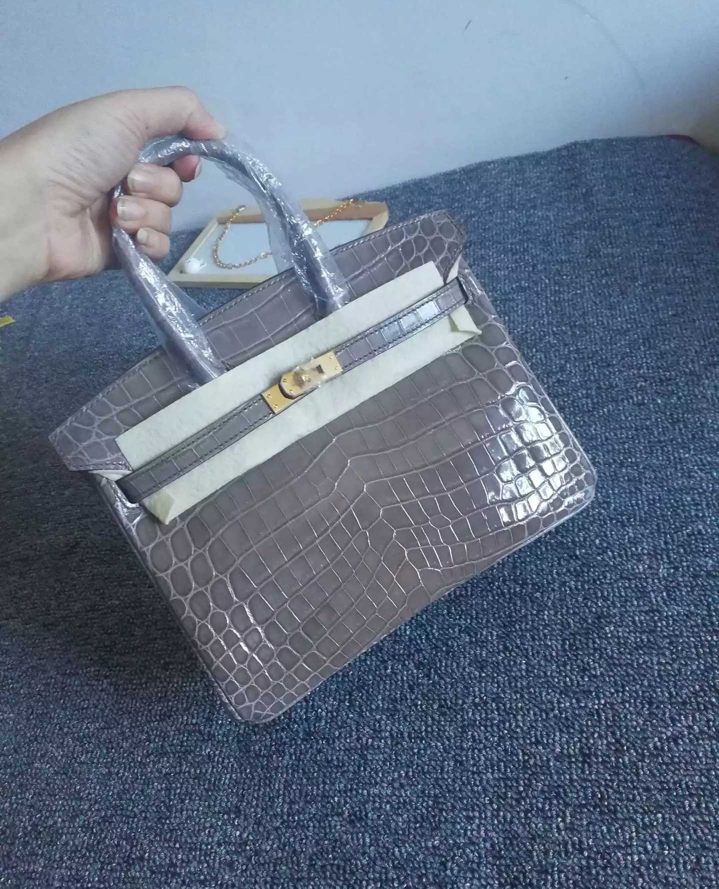 HCP shiny Nile crocodile leather two-point level 25bk turtledove gray full hand-stitched women's bag platinum bag