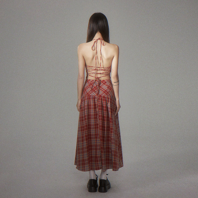 ການອອກແບບຕົ້ນສະບັບ plaid suspender dress fairy backless strappy skirt ຍາວສໍາລັບແມ່ຍິງ