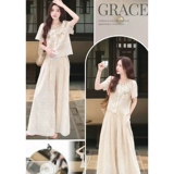 Летняя одежда, кружевная футболка, штаны, комплект, в стиле Шанель, короткий рукав