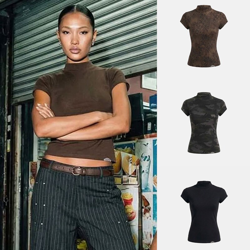 Korean Badblood American Retro Hot Girl Half-High Collar Short-Sleeve T-Shirt for Women, Slim Fit, Niche Camouflage Top