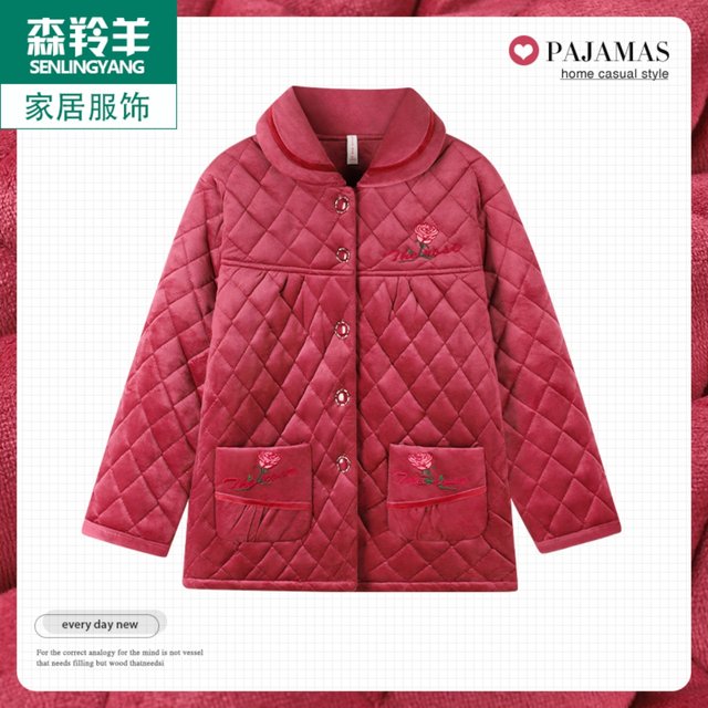 Tops plus size mom coral velvet quilted jacket pajamas for women autumn and winter thickened warm three-layer flannel single piece
