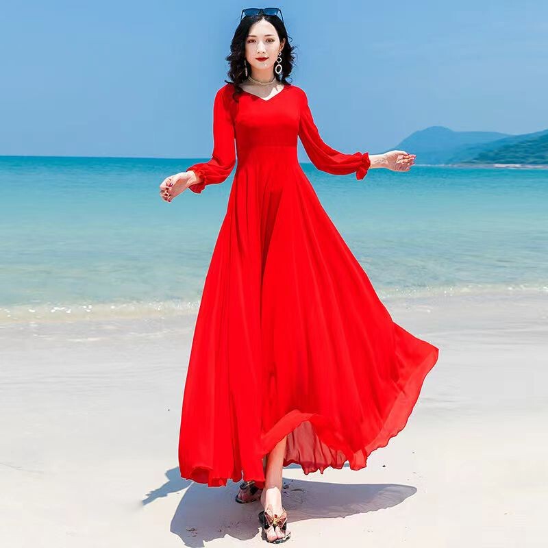 Vacation Style Double-Layer Chiffon Solid Color Dress for Women, New Spring and Autumn Long-Sleeved Beach Dress, Waist-Cinching, Large Hem Dance Dress