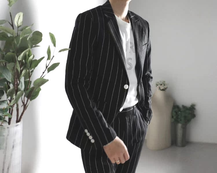 BIGGEZI British high street thin slim slim suit suit black sọc dọc tính khí giản dị phù hợp với hai mảnh - Suit phù hợp vest nam đẹp