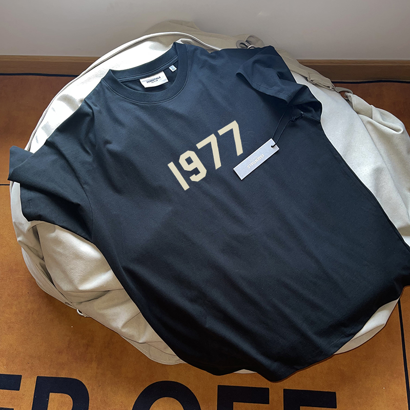 300g Heavyweight Essentials Seventh Season Flocking Number 1977 Crew Neck Fog Short-Sleeve Trendy Brand Top for Summer