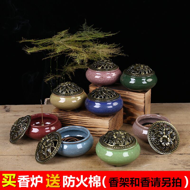 Incense Burner Ceramic Antique Small sandalwood stove Home Indoor purifying air ice Rift kilns Purple Sand for Buddhist Incense Furnace