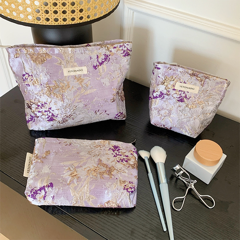 New Purple Embroidered Floral Large-Capacity Makeup Bag, Portable Storage Bag, Clutch Bag, Wallet, Card Holder, Inner Pouch