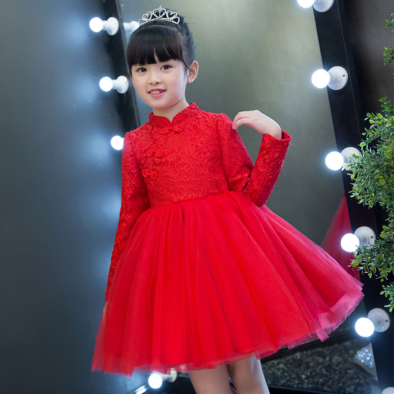 Girls cheongsam winter dress autumn and winter children's princess dress with velvet plus velvet baby puffy skirt red