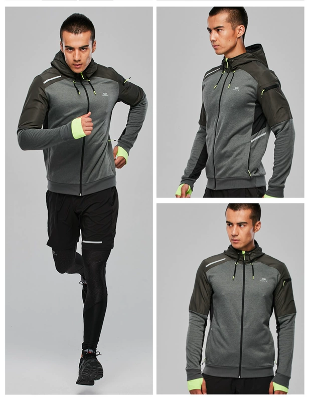 Decathlon áo khoác thể thao nam mùa xuân và mùa thu nhanh chóng làm khô thoáng khí dài tay chạy phù hợp với dây kéo áo khoác trùm đầu áo len RUN U áo khoác gió thể thao nam