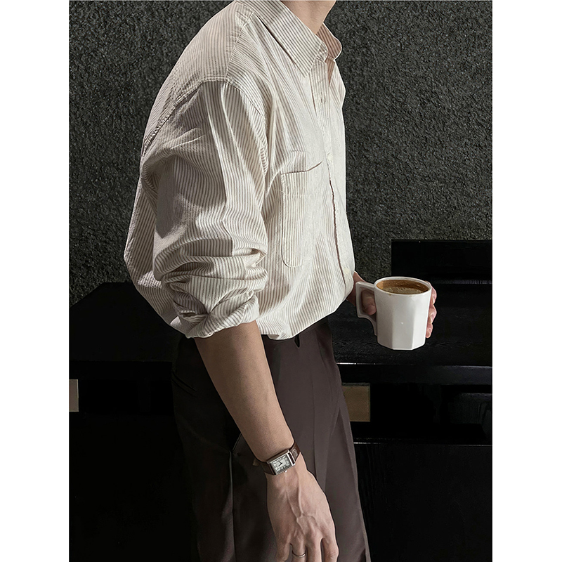 Apricot Striped Long-Sleeved Shirt for Men, Spring and Autumn Korean Style, Mature and Sophisticated, Wrinkle-Free Business Casual Collared Shirt Apricot Striped Long-Sleeved Shirt for Men, Spring and Autumn Korean Style, Mature and Sophisticated, Wrinkle-Free Business Casual Collared Shirt