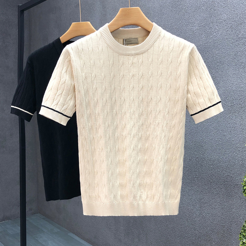 High-End Twist Pattern Apricot-Colored Crew Neck Short-Sleeved Sweater for Men, Trendy Brand Inner Layer Base Shirt, 2024 Spring Thin Knitwear High-End Twist Pattern Apricot-Colored Crew Neck Short-Sleeved Sweater for Men, Trendy Brand Inner Layer Base Shirt, 2024 Spring Thin Knitwear