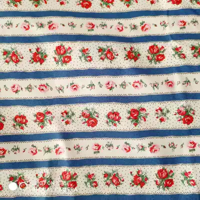 寬140 外貿細帆布料hh Ck田園風藍白條玫瑰花牆復古宮廷壁紙桌布